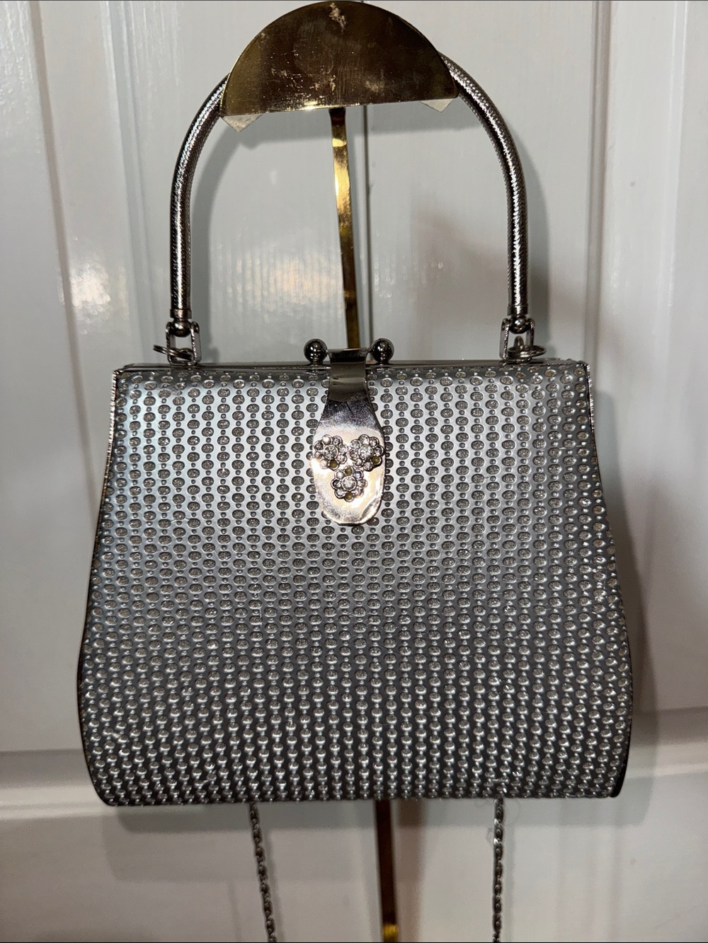 Silver Rhinestone Mini Top-Handle Bag with Shoulder Chain